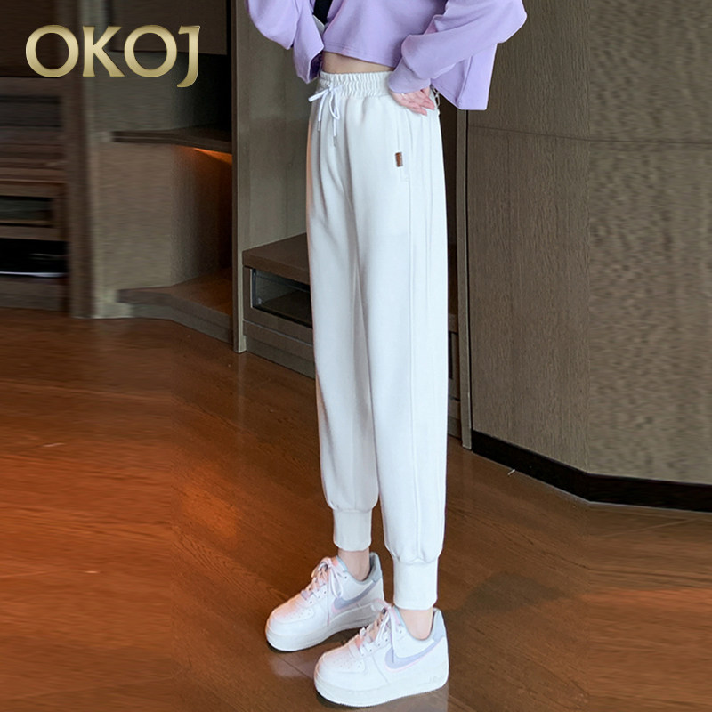 2025新款白色运动裤女秋季小个子加绒束脚卫裤宽松遮肉显瘦哈伦裤