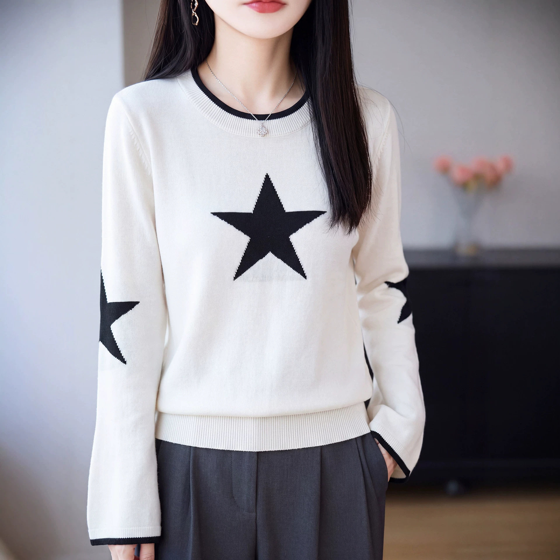 圆领五角星图案针织衫女长袖套头毛衣 秋冬休闲洋气星星打底上衣