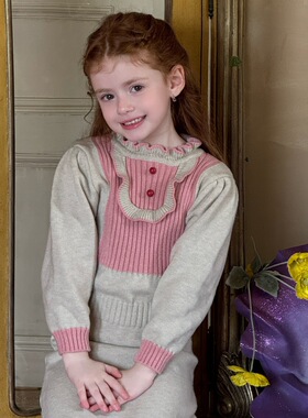 秋季女童拼色荷叶边毛衣裙 女童可爱公主风毛衣收腰长裙