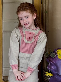 秋季女童拼色荷叶边毛衣裙 女童可爱公主风毛衣收腰长裙