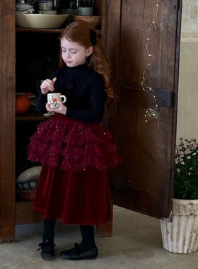 冬季 女童百搭高领花朵打底 网纱丝绒半身裙 女童年服