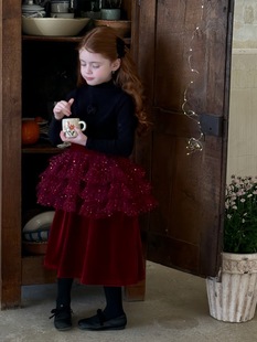 女童年服 网纱丝绒半身裙 冬季 女童百搭高领花朵打底