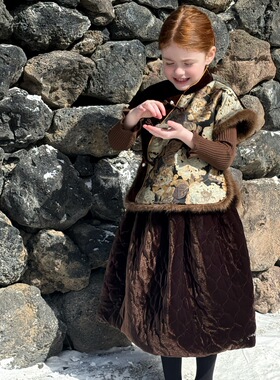 冬季 女童新中式复古撞色丝绒马甲 女童仿貂毛夹棉马甲拜年