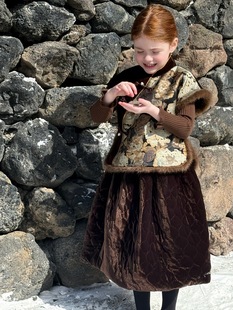 女童仿貂毛夹棉马甲拜年 复古撞色丝绒马甲 冬季 女童新中式