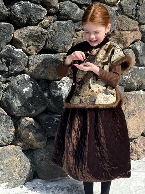 冬季 女童新中式复古撞色丝绒马甲 女童仿貂毛夹棉马甲拜年