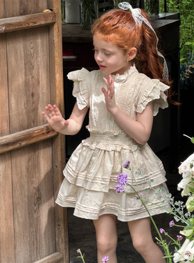 夏季女童甜美小飞袖棉布刺绣裙女童田园风复古连衣裙公主裙