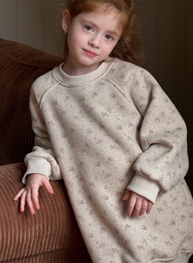 冬季 韩版女童加厚碎花卫衣 女童中长款烫蝴蝶结加绒上衣