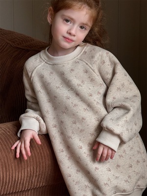 冬季 韩版女童加厚碎花卫衣 女童中长款烫蝴蝶结加绒上衣