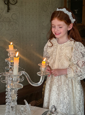 春夏新品儿童女童中小童蕾丝缕空复古田园风长袖连衣裙