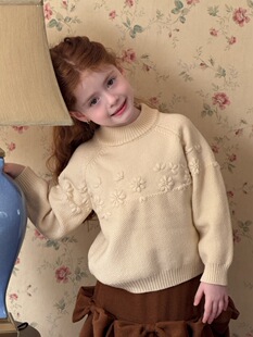 冬季新品 韩版儿童手钩花朵毛衣 女童加厚粗针圆领复古毛衣