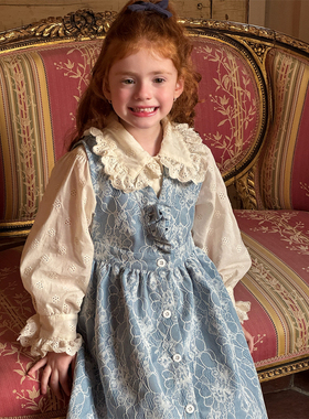 春夏新品儿童女童中小童复古碎花刺绣衬衫牛仔拼蕾丝背心裙套装