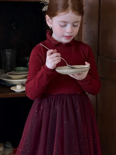 冬女童复古金丝钩花翻领毛衣纱裙 女童网纱公主年服连衣裙