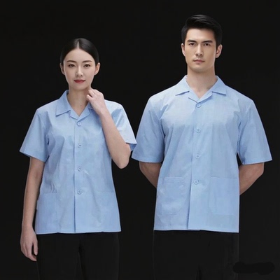 食堂后厨蓝色工作服厨师服短袖薄夏季厨房面点师套装男幼儿园白色