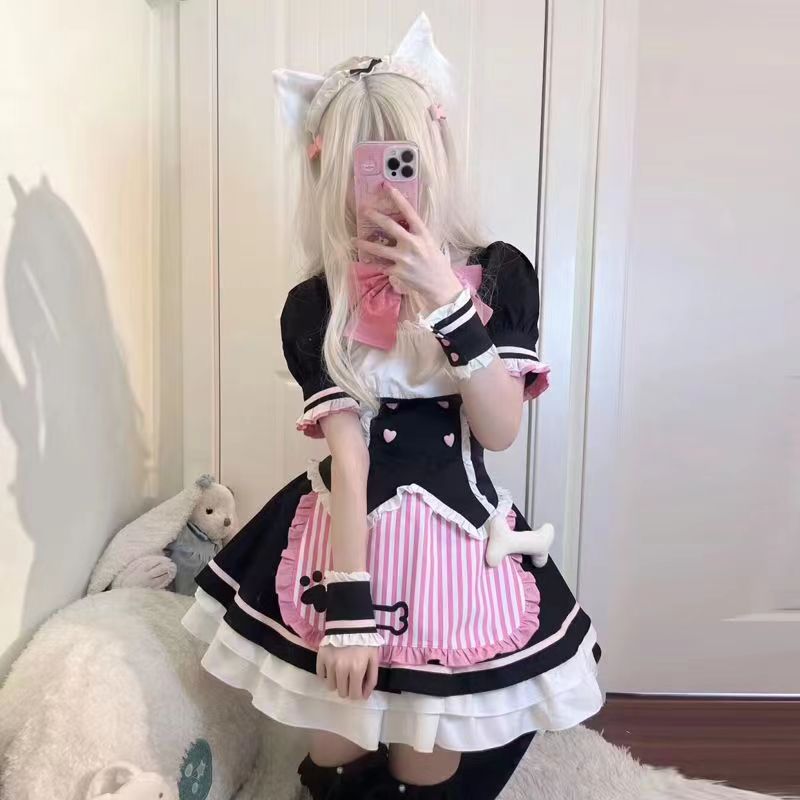 洛丽塔可爱伪娘cos猫爪领结印花女仆装lolita套装女装大佬日常