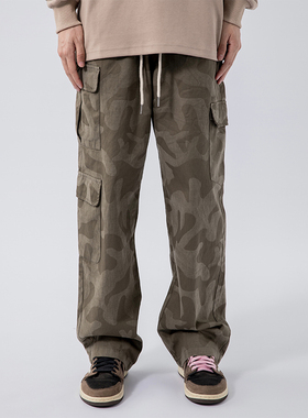 烦恼的Octopusl国潮美式迷彩工装裤街头加绒宽松直筒秋冬长裤子男
