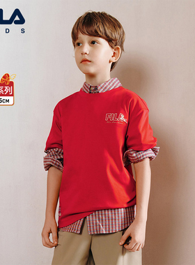 FILA斐乐儿童短袖T恤2026年春季新款男童中大童新年款红色上衣