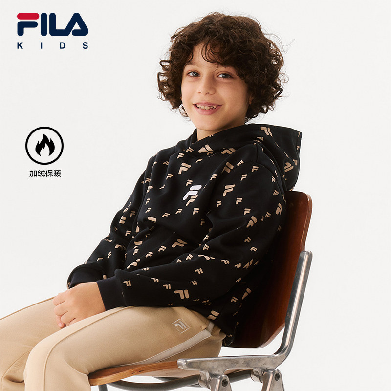 FILA斐乐儿童童装卫衣2025年冬季新款男童小童加绒连帽满印上衣潮