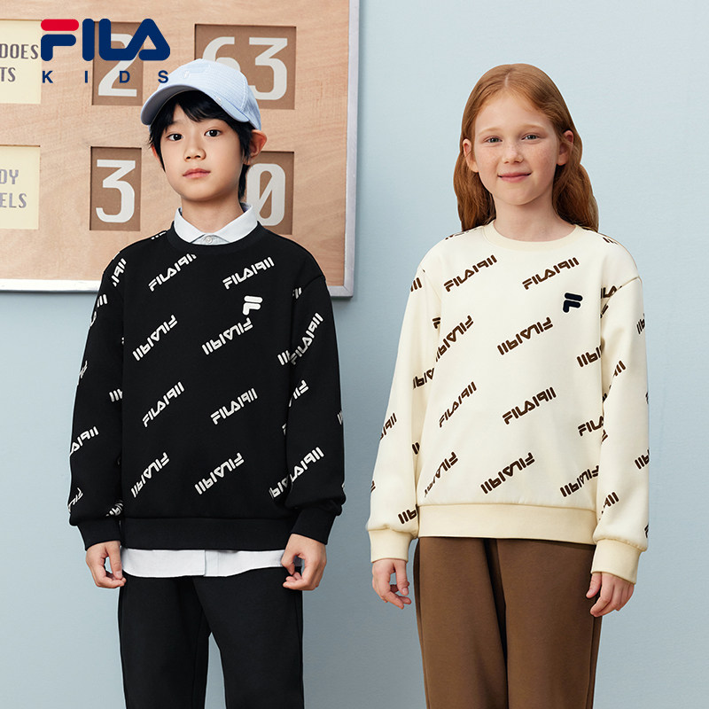 FILA斐乐儿童加绒老花套头卫衣2025年冬季新款男女童圆领满印上衣