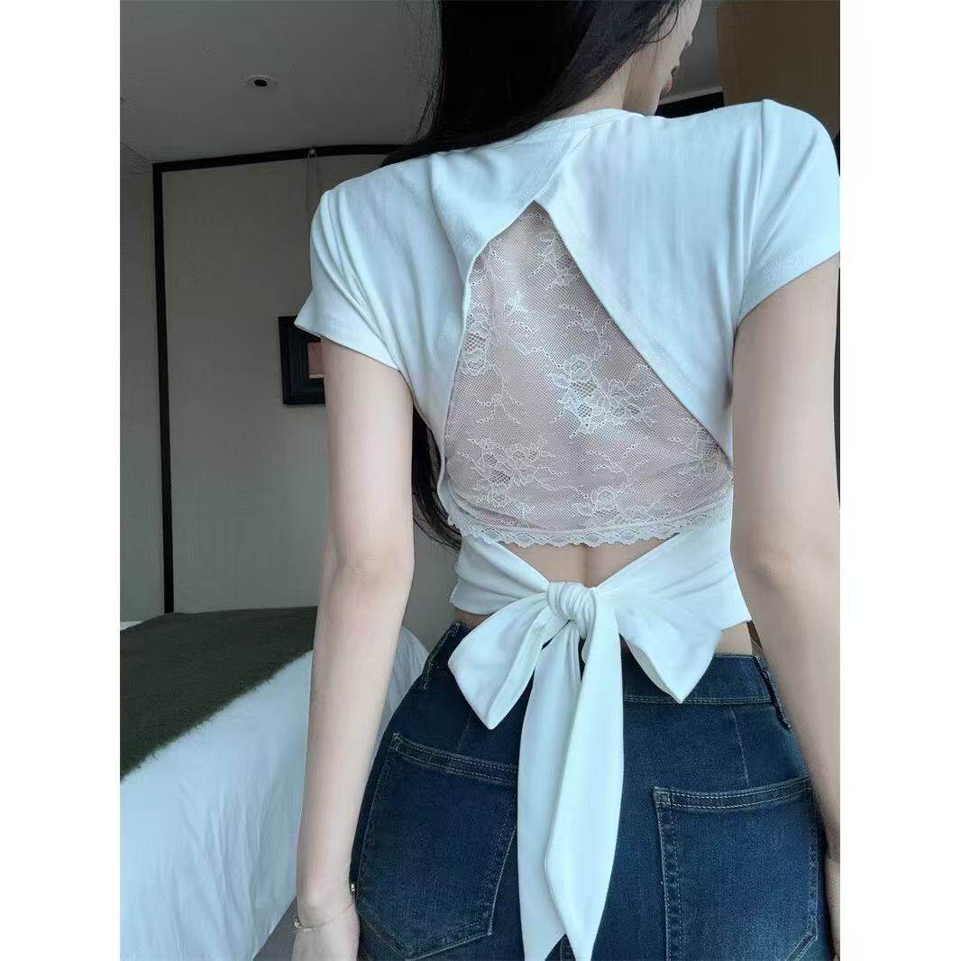 后背镂空蕾丝结绑带短袖设计感甜辣妹收腰修身圆领上衣女百搭