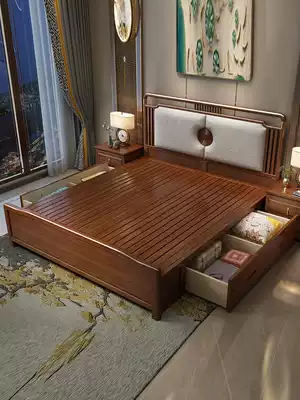 New Chinese walnut 1 8 solid wood bed modern simple 1 5 m home bedroom storage double full solid wood bed