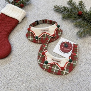 圣诞喜庆宠物围兜口水巾红色格子领结围脖猫咪狗狗新年装饰百搭款