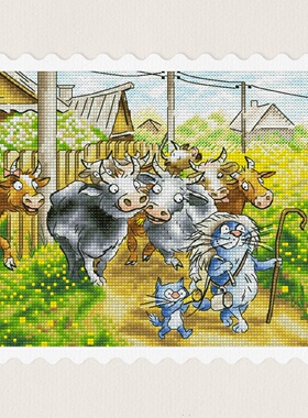 弹弹十字绣  D1363蓝猫猫-放牛 自配DMC/R线十字绣套件 非印花