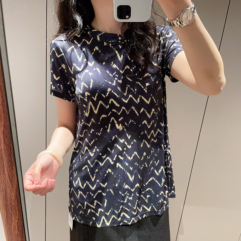 夏季新款蓝色印花中式领真丝针织T恤时尚减龄百搭桑蚕丝套头上衣