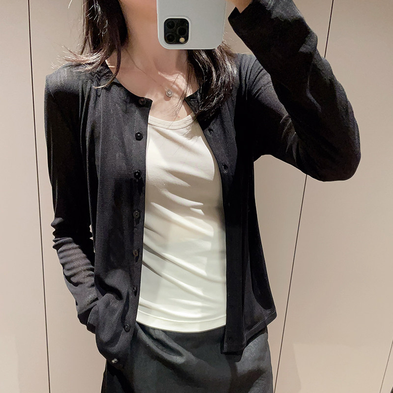 黑色长袖双层真丝网眼开衫外套