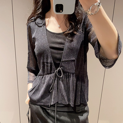 新品黑色V领真丝针织网眼开衫外套时尚百搭凉感舒适桑蚕丝上衣