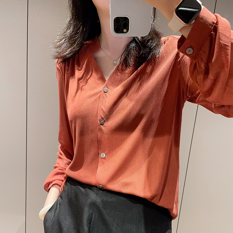 法式V领设计感砖红真丝针织衬衫2025春季宽松显瘦气质桑蚕丝上衣