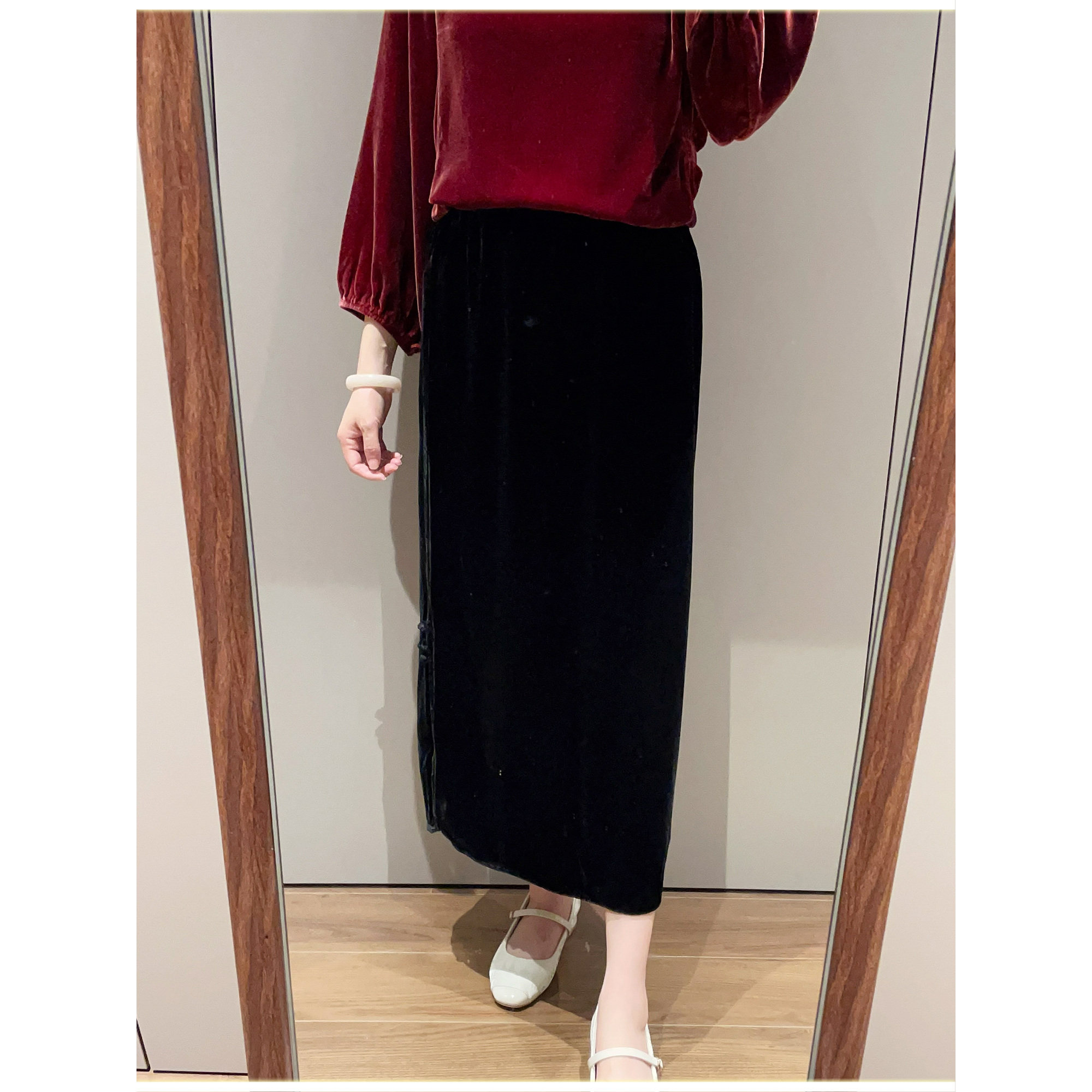 真丝丝绒女松紧腰侧边开叉半身裙