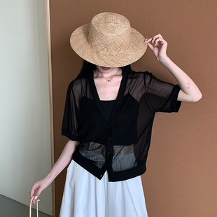 2025夏季新品V领黑色网眼真丝针织短外套凉快舒适宽松桑蚕丝上衣