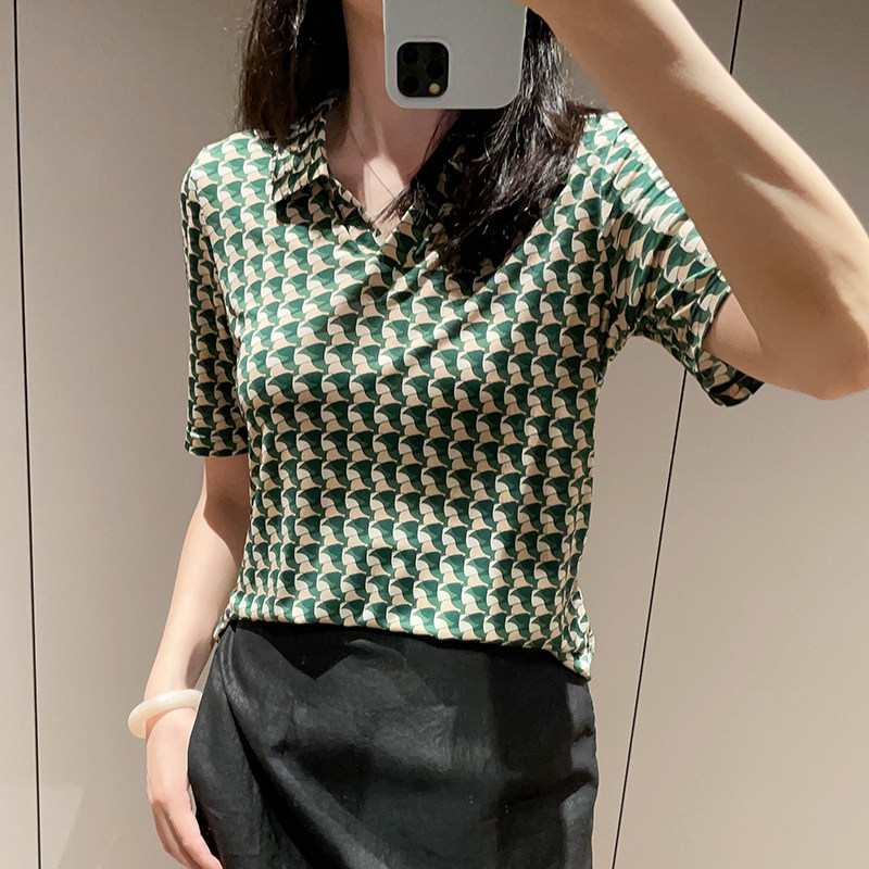 桑蚕丝上衣女装短袖POLO领2025夏季印花洋气妈妈真丝针织T恤