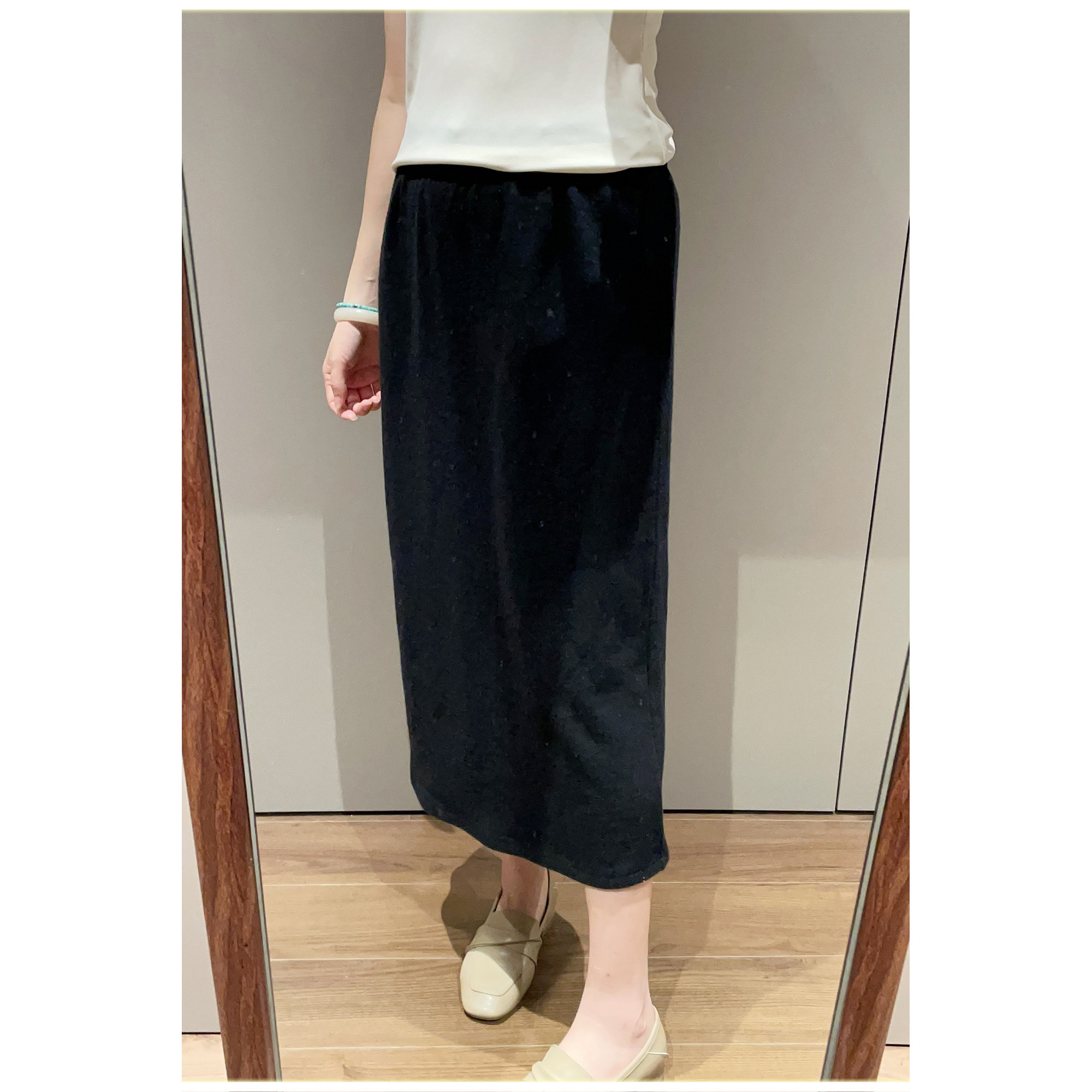 2025秋冬新品简约黑色绵羊毛中长款半身裙女款松紧腰小个子直筒裙