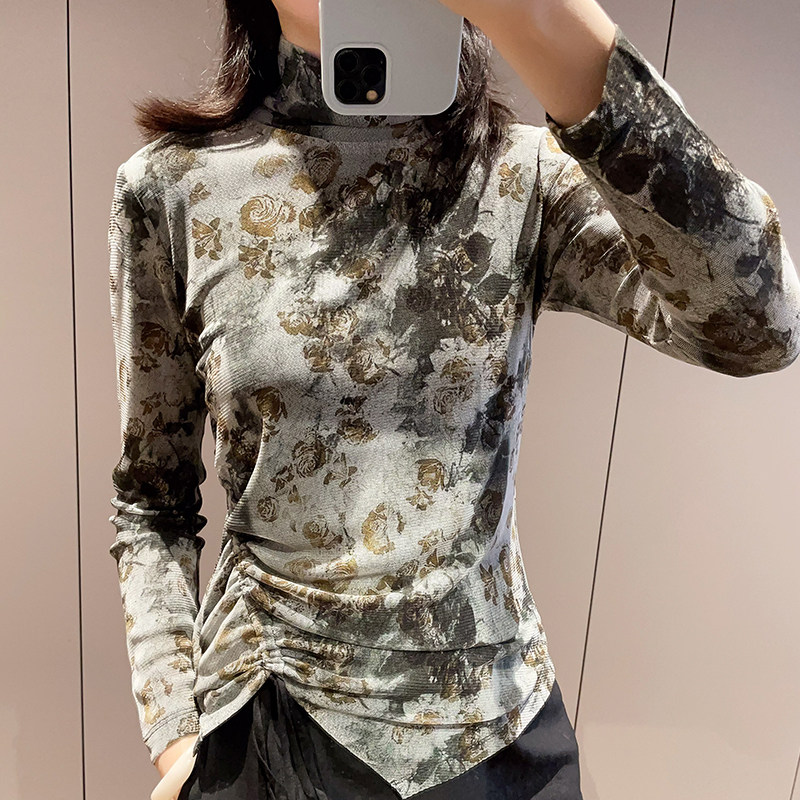 针织网眼真丝T恤女夏季薄款半高领复古印花桑蚕丝上衣长袖打底衫