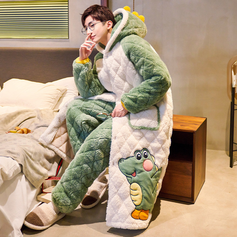 三层夹棉睡衣男士秋冬季珊瑚绒加厚加绒恐龙睡袍法兰绒家居服套装