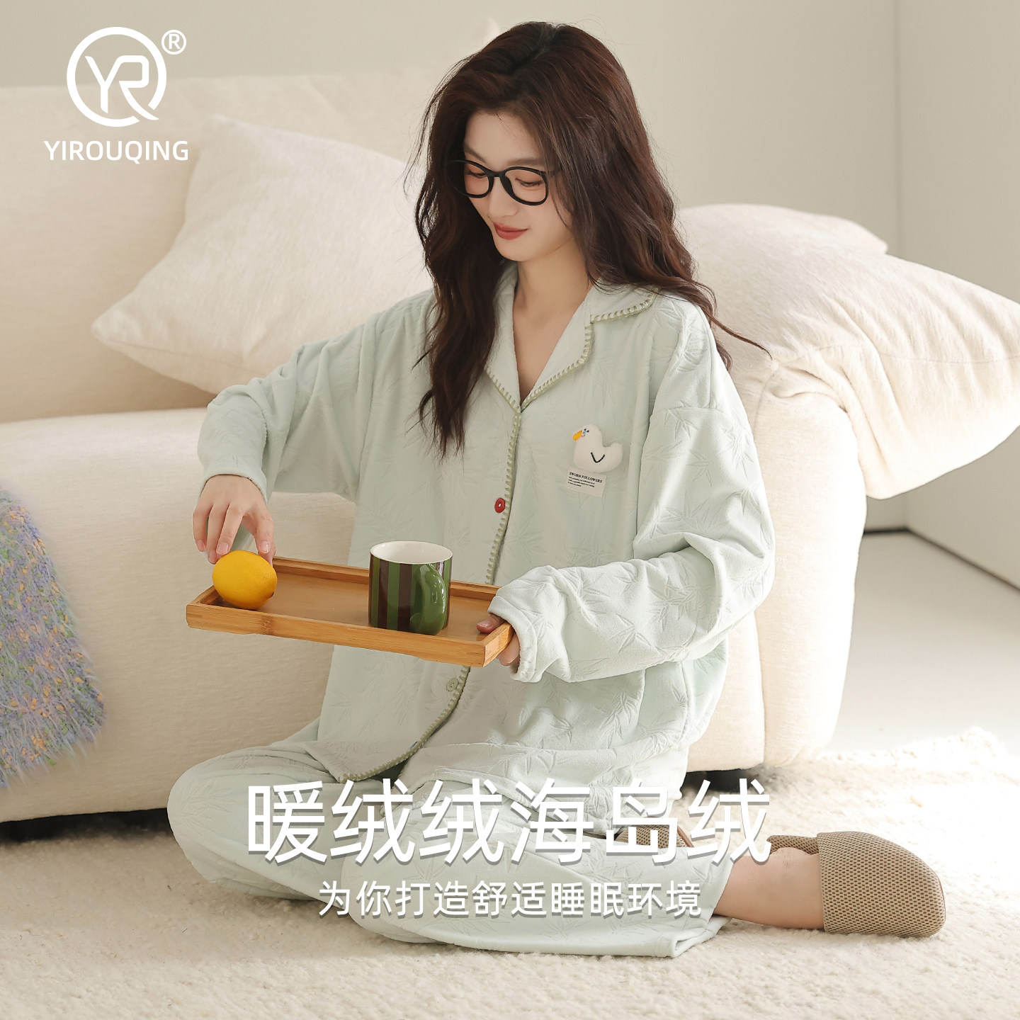 伊柔情睡衣女秋冬季珊瑚绒加绒加厚保暖开衫蓝色鸭子海岛绒家居服