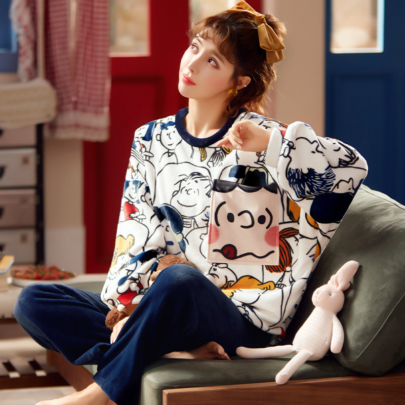 珊瑚绒睡衣女冬季加厚法兰绒家居服可外穿保暖套装可爱卡通秋冬款