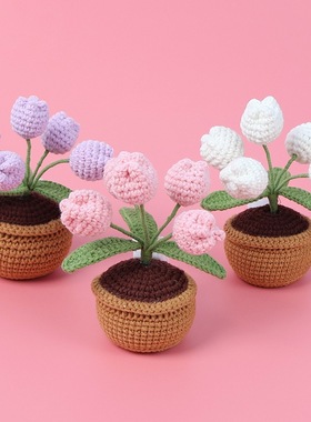手工编织小夜灯盆栽成品毛线仿真花桌面摆件郁金香毕业活动礼品