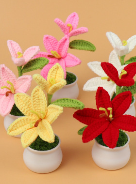 成品跨境手工毛线钩织百合花小盆栽仿真迷你家居书桌车载摆件