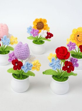 成品手工毛线钩织5朵勿忘我花丛盆栽桌面办公室车载摆件女生礼物