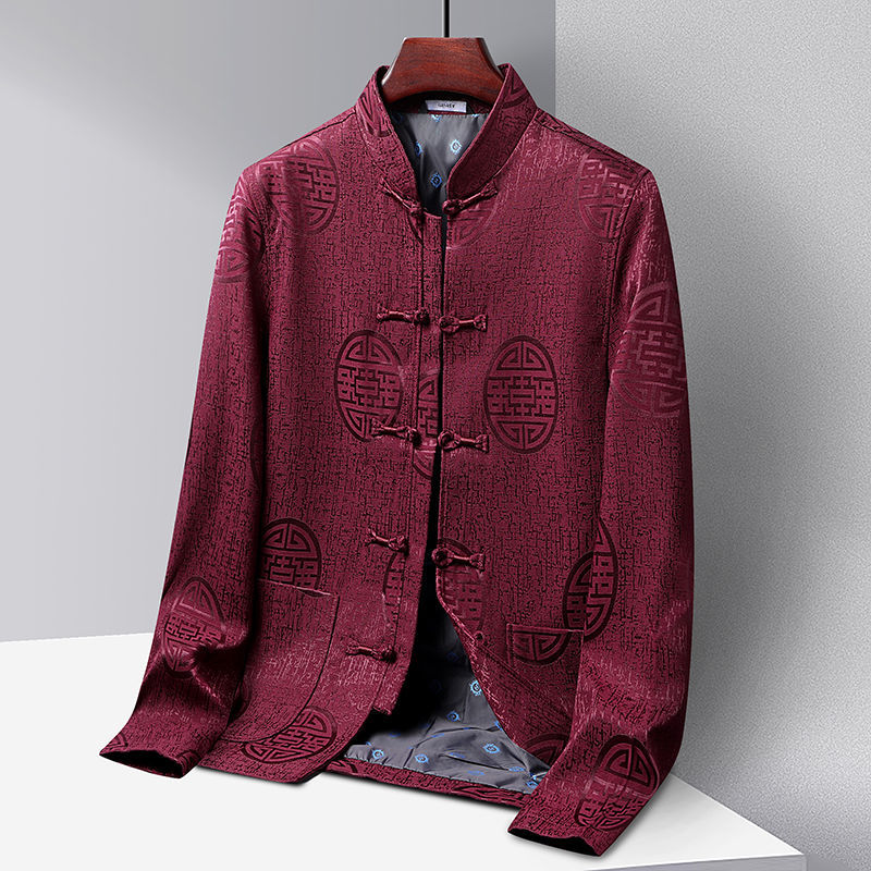 中国风男装春秋中老年唐装夹克外套老人生日过寿星衣服爸爸婚礼服