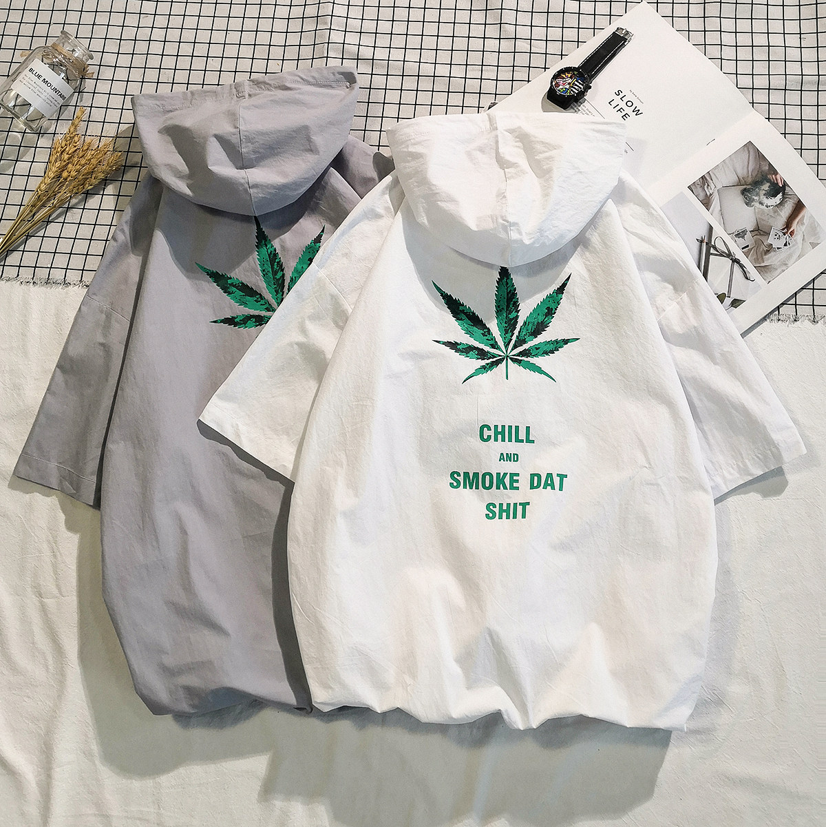 水泥地平铺情侣短袖树叶印花连帽男士半袖外套短袖T恤衫/T55-P45,男装T恤,电商A020