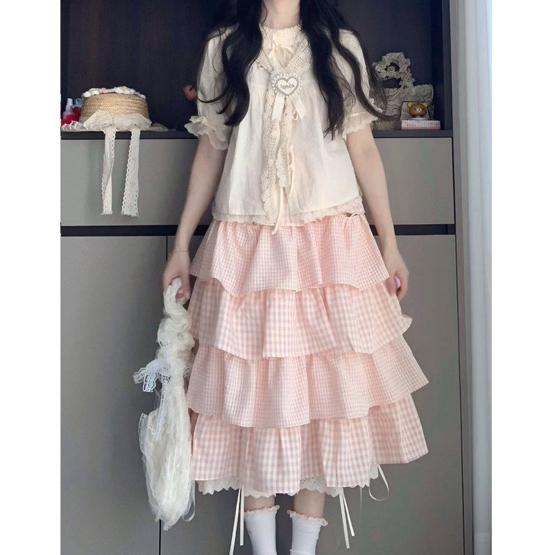 可爱甜妹多巴胺一整套女夏学院风绑带衬衫粉格子蛋糕裙两件套套装