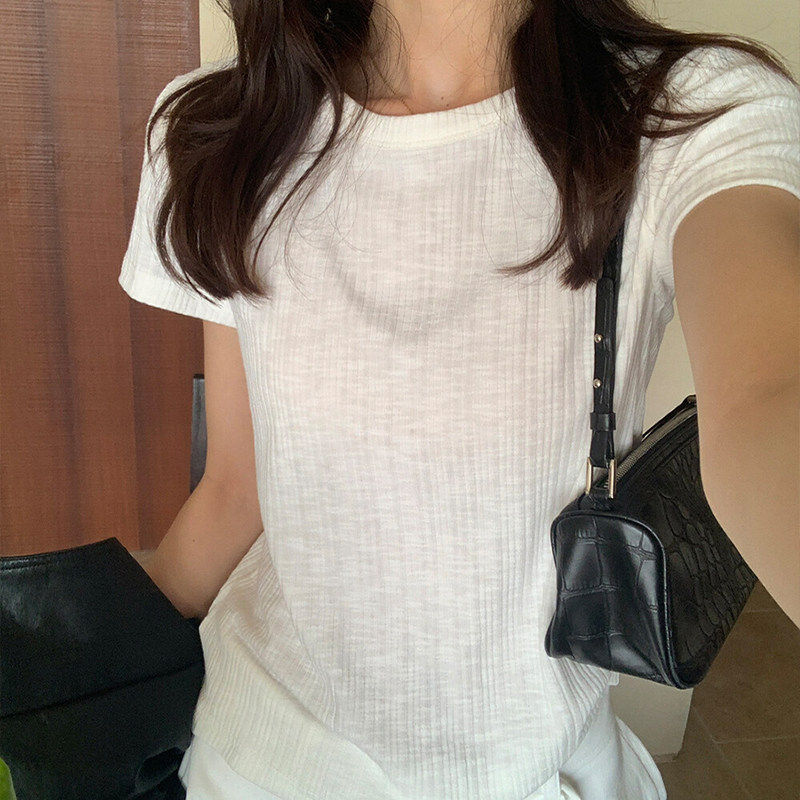 韩系粉色甜美正肩针织短袖T恤女夏季辣妹修身短款上衣