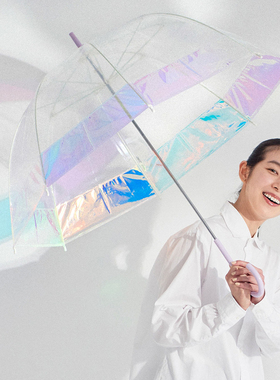 wpc雨伞极光伞时尚洋气彩虹透明伞加大加厚加固长柄雨伞女高颜值