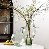 雪柳马醉木花瓶绿色单耳大肚花瓶玻璃透明水养吊钟鲜花家用插花器