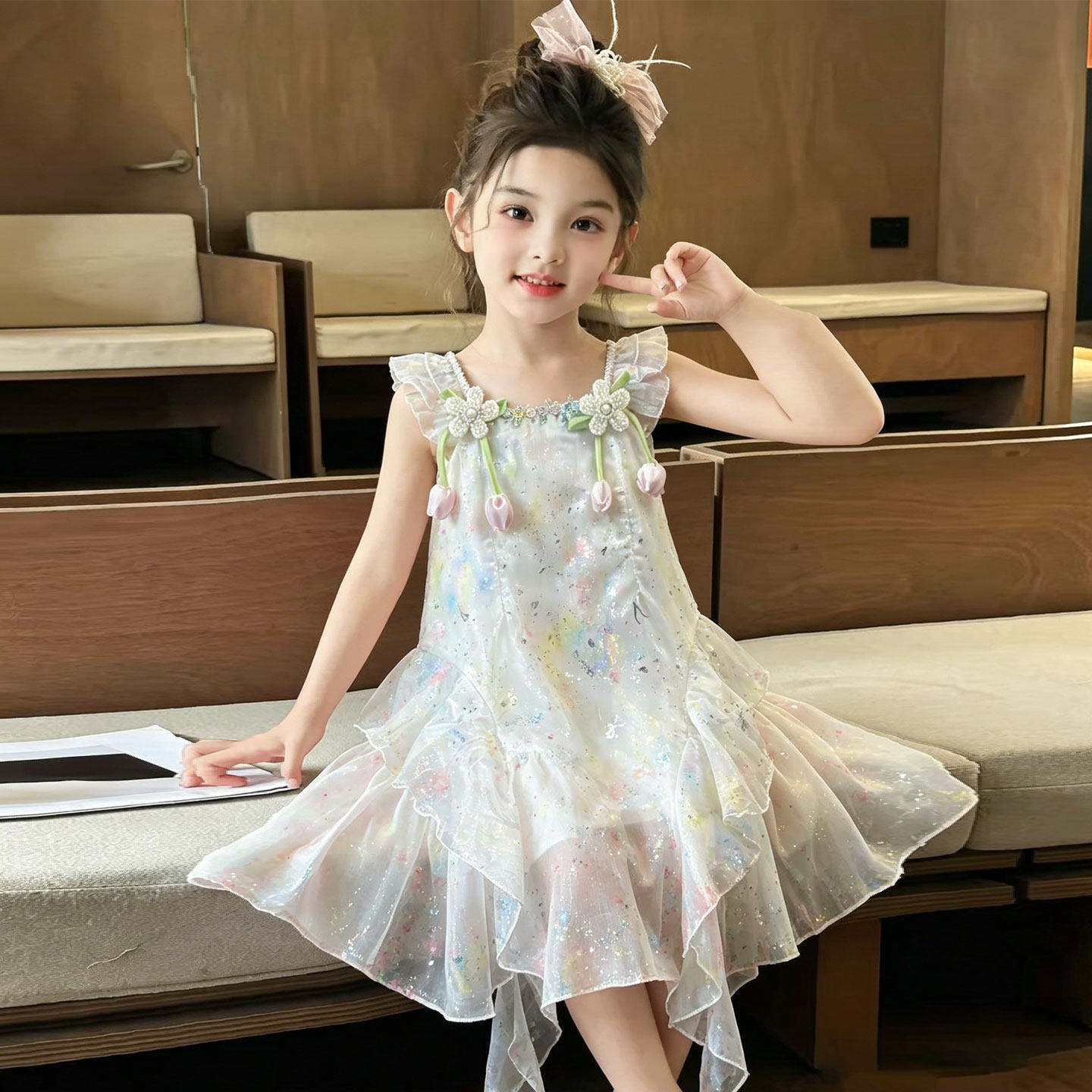 女童碎花吊带连衣裙20256新款夏装网纱公主裙中长款连衣裙夏裙子