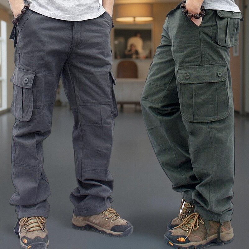 春秋季多口袋工装裤休闲长裤直筒工作制服劳保运动宽松男裤松紧裤