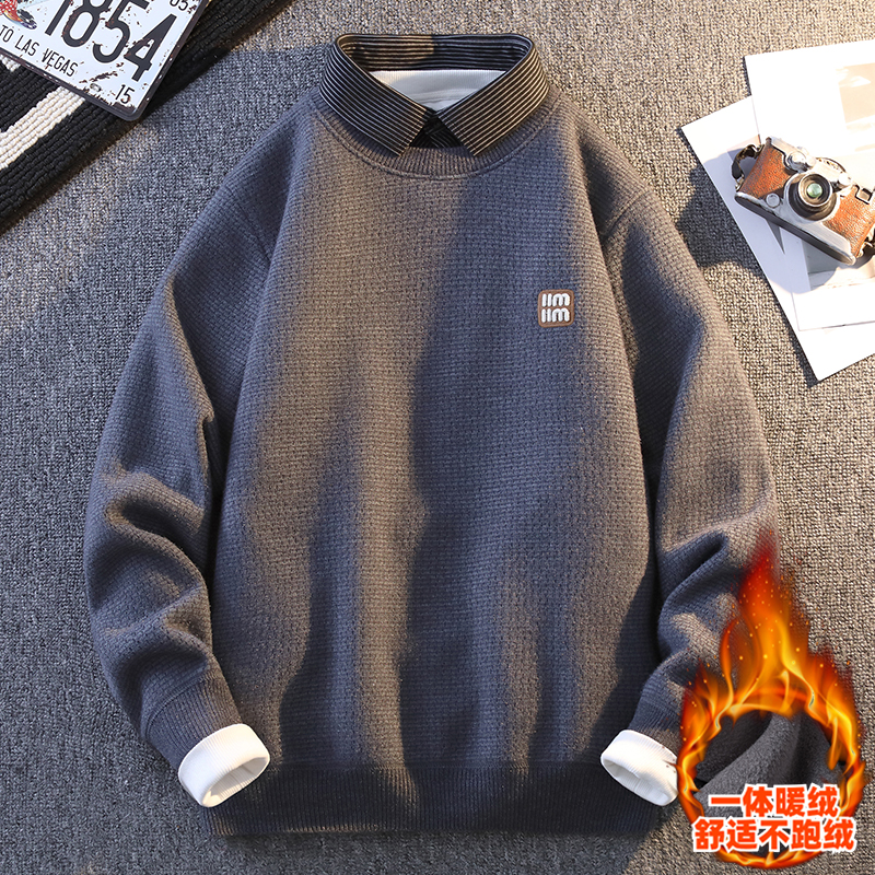 假两件衬衫领针织衫男加厚保暖